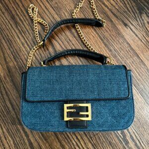 Fendi Women's Blue Baguette Chain Midi Denim Shoulder Bag